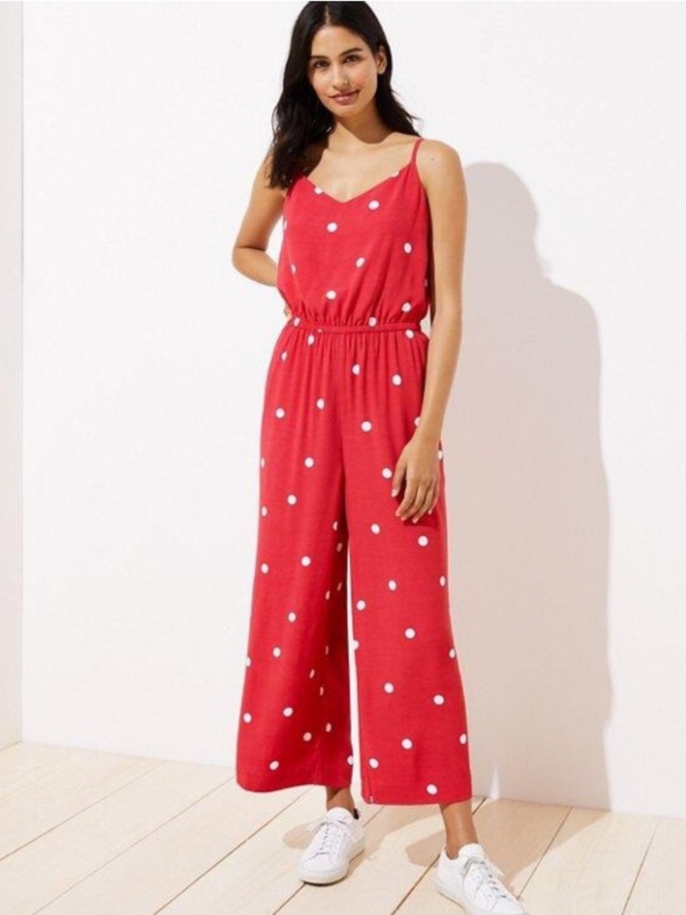 Ann Taylor LOFT Polka Dot Sleeveless Wide Leg Jumpsuit Red Medium Petite